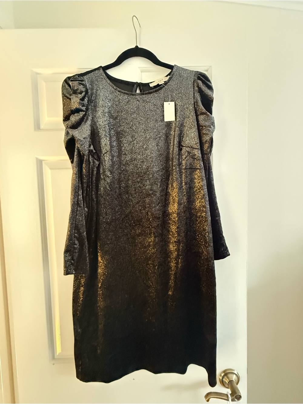 NWT LOFT Black Shimmer Long-Sleeve Puff-Shoulder Dress